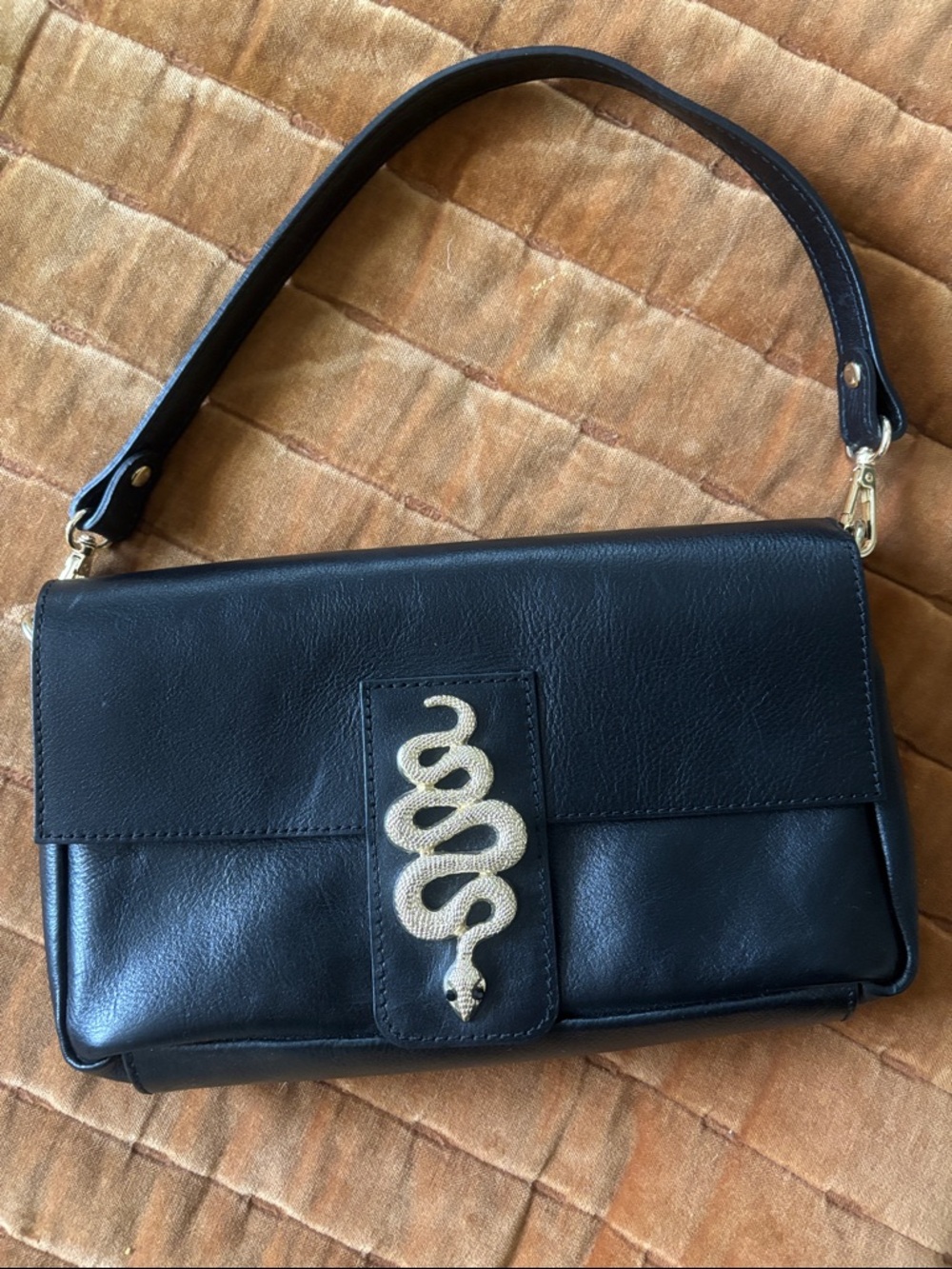 House of Harlow Black Leather Shoulder Bag with Gold Snake Accent